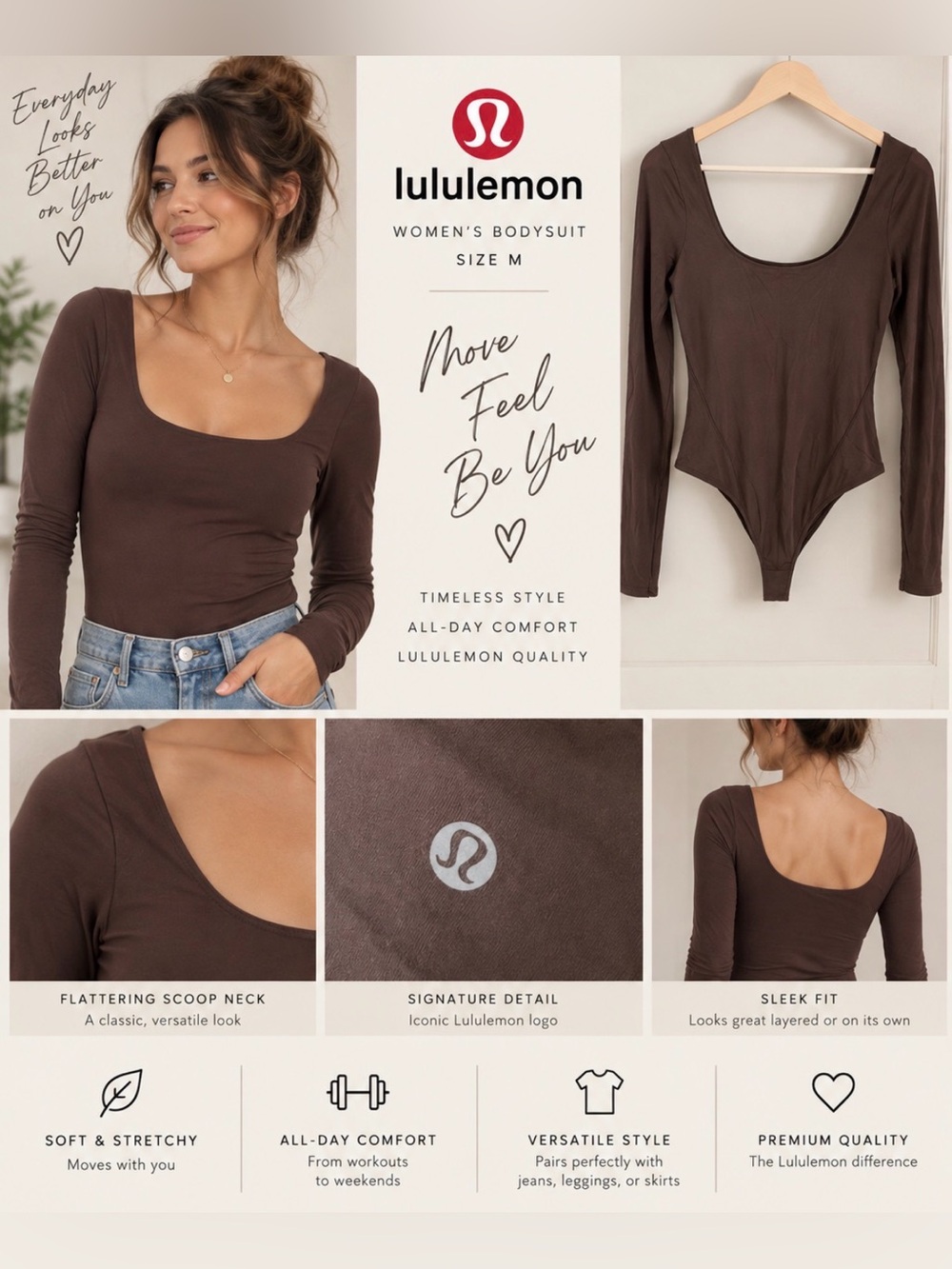 lululemon athletica Brown Long Sleeve Scoop Neck Bodysuit